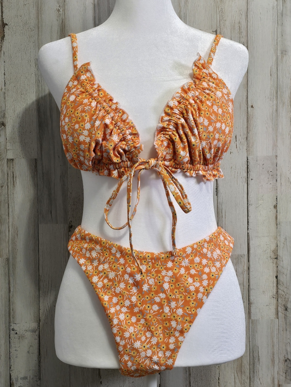 Zaful Orange Ditzy Floral Ruffle Triangle Bikini 2 Piece Swimsuit Set Size Large